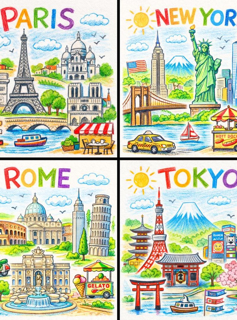 Crayon city landmarks drawing: GPT Image 2 prompt