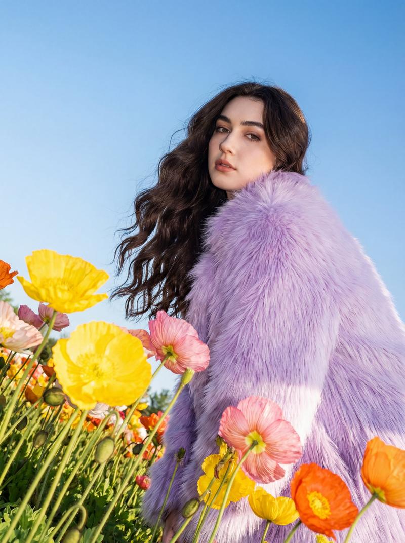 Lavender fur poppy field portrait: GPT Image 2 prompt