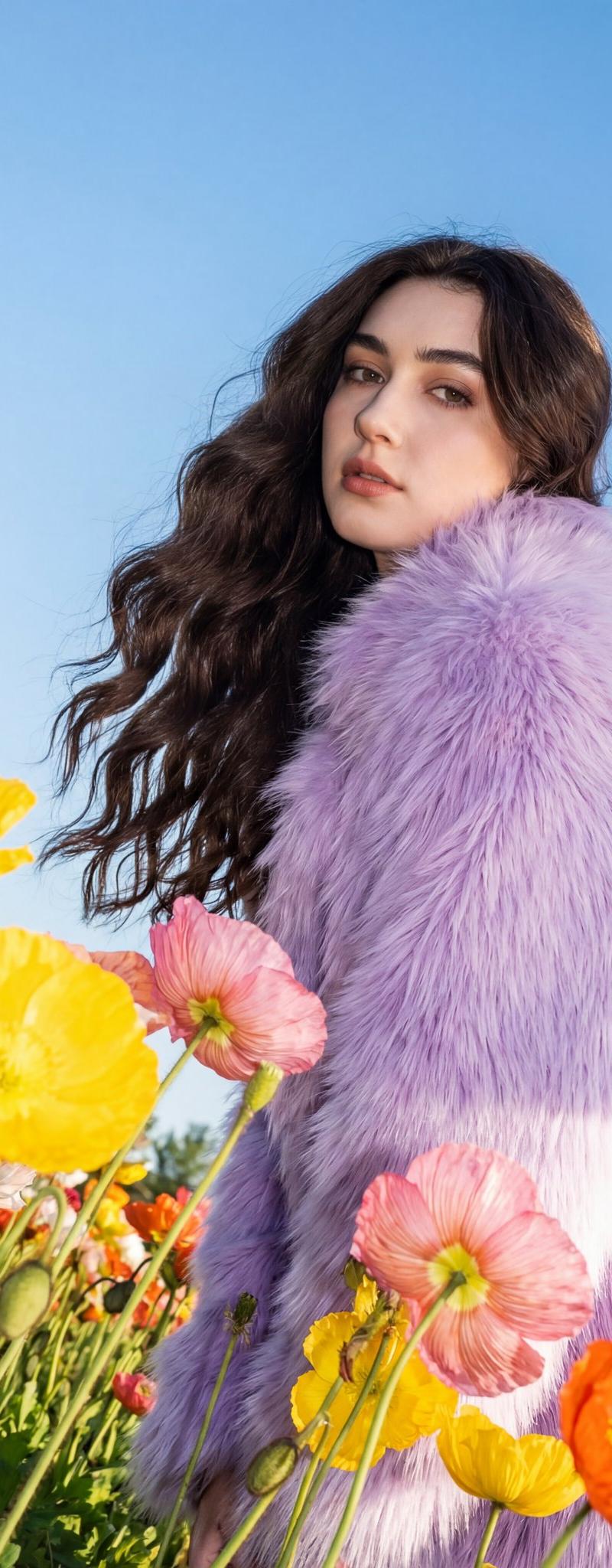 Lavender fur poppy field portrait: GPT Image 2 prompt