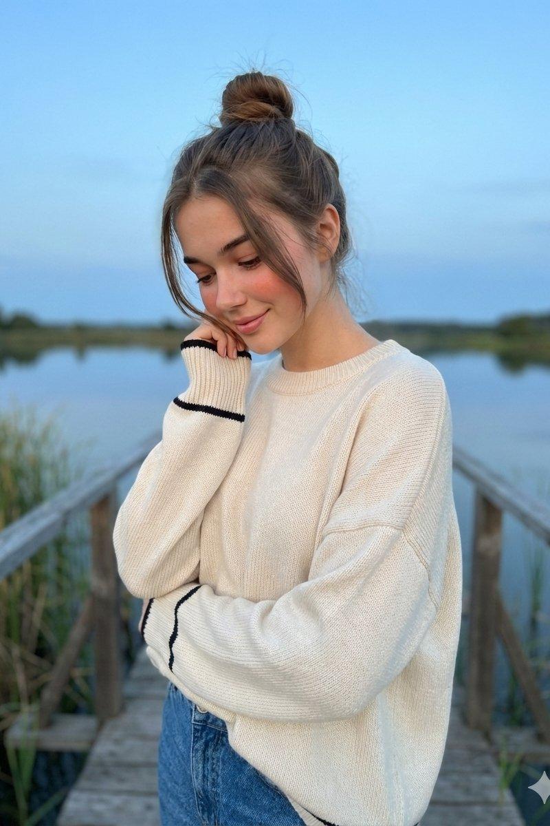 Wooden pier knit sweater portrait: GPT Image 2 prompt