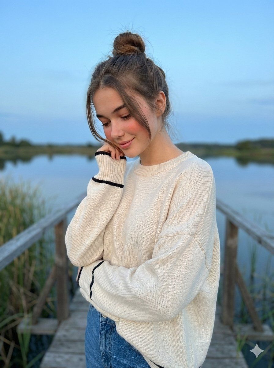 Wooden pier knit sweater portrait: GPT Image 2 prompt