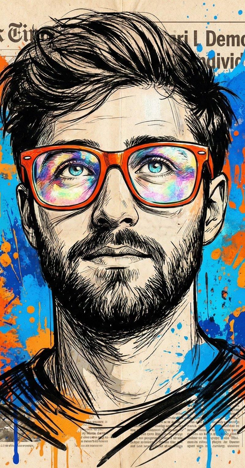 Newspaper sketch glasses portrait: GPT Image 2 prompt