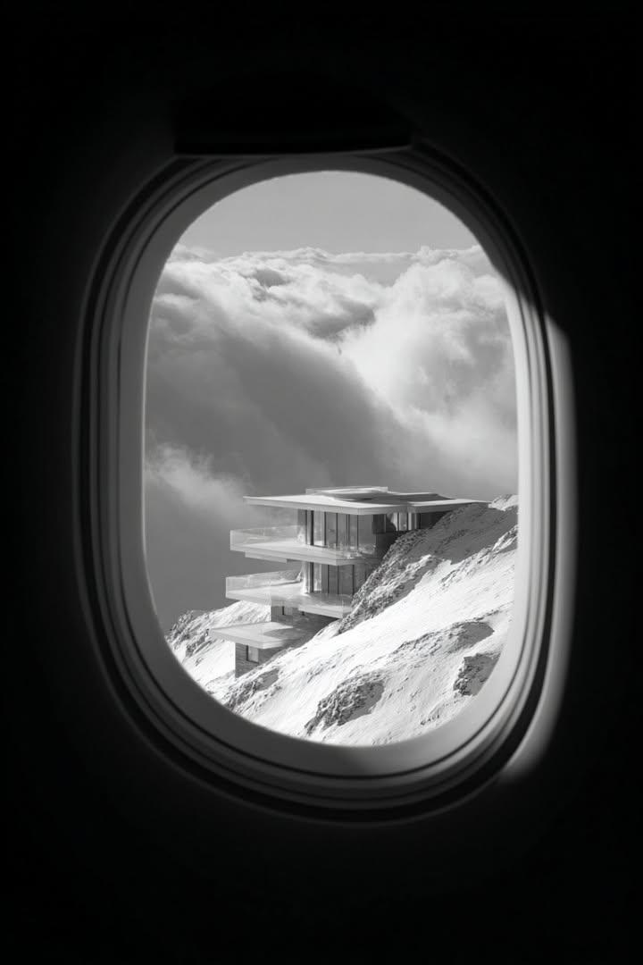 Airplane window mountain house view: GPT Image 2 prompt