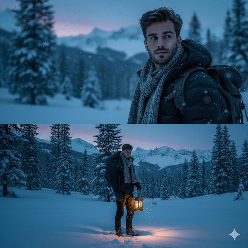 Blue hour winter forest lantern portrait: GPT Image 2 prompt