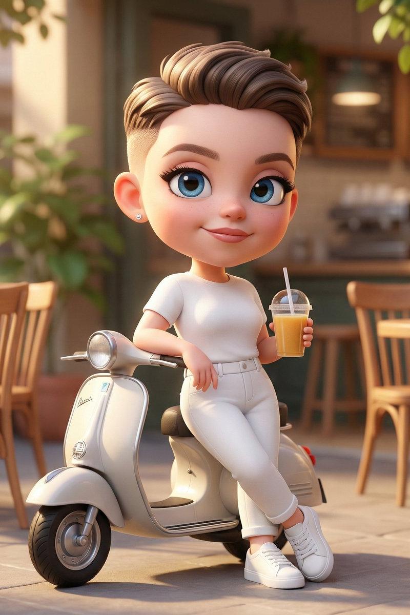 Chibi scooter cafe courtyard render: GPT Image 2 prompt