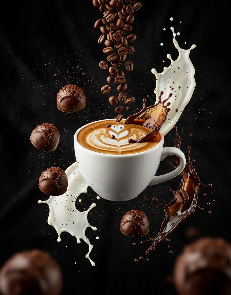 Mid-air coffee chocolate explosion: GPT Image 2 prompt