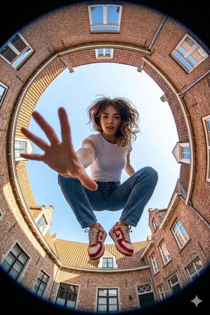 Fisheye crouching girl: GPT Image 2 prompt