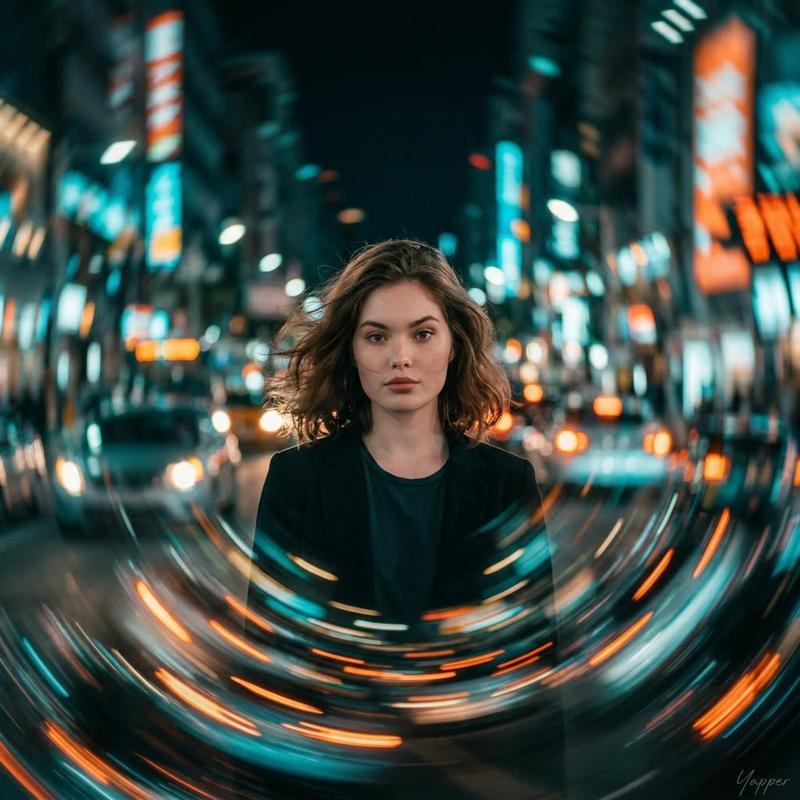 Spiraling neon city portrait: GPT Image 2 prompt