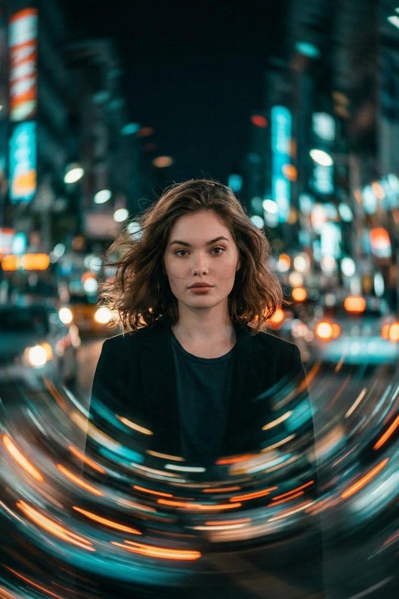 Spiraling neon city portrait: GPT Image 2 prompt