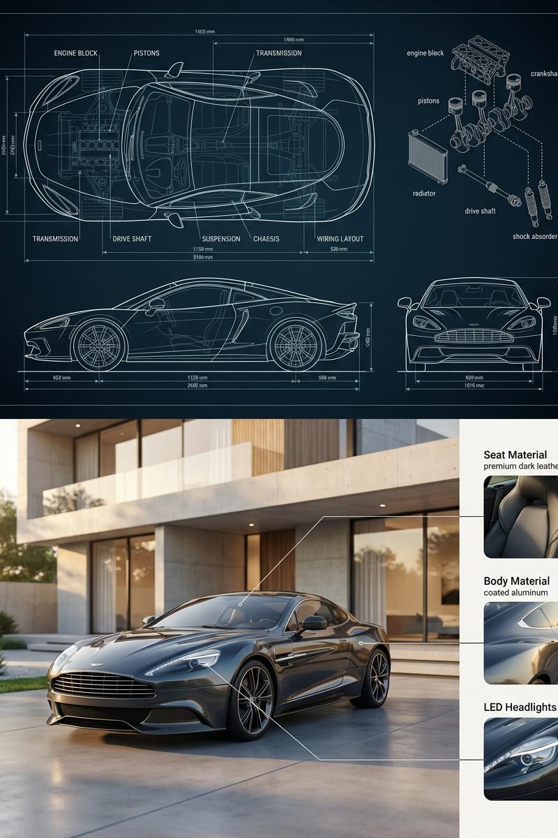 Split blueprint car render: GPT Image 2 prompt