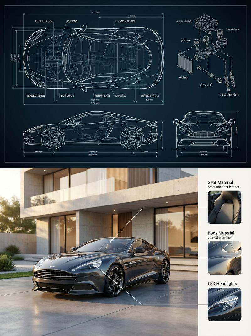 Split blueprint car render: GPT Image 2 prompt
