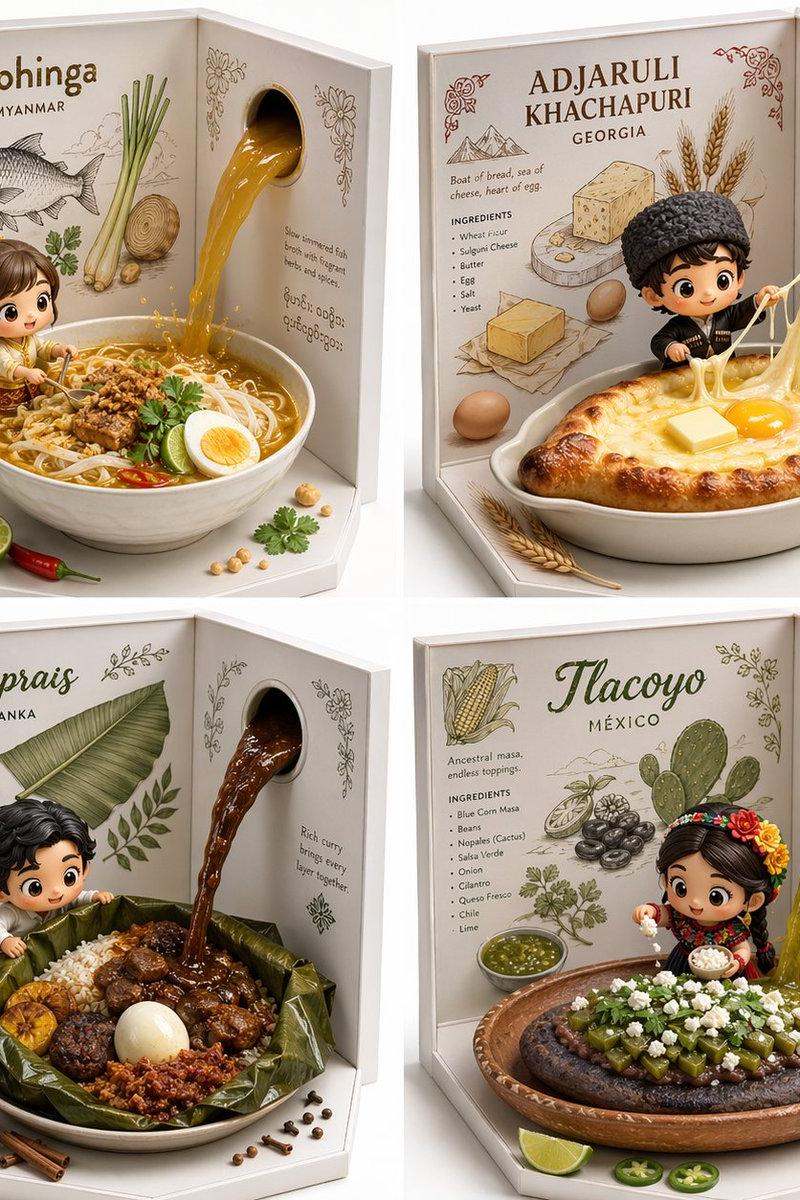 Hidden-gem food 2x2 diorama grid: GPT Image 2 prompt