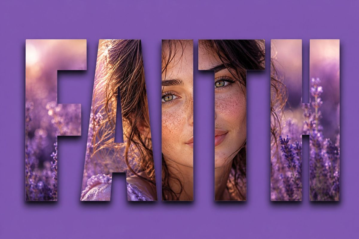 FAITH text-mask lavender portrait: GPT Image 2 prompt