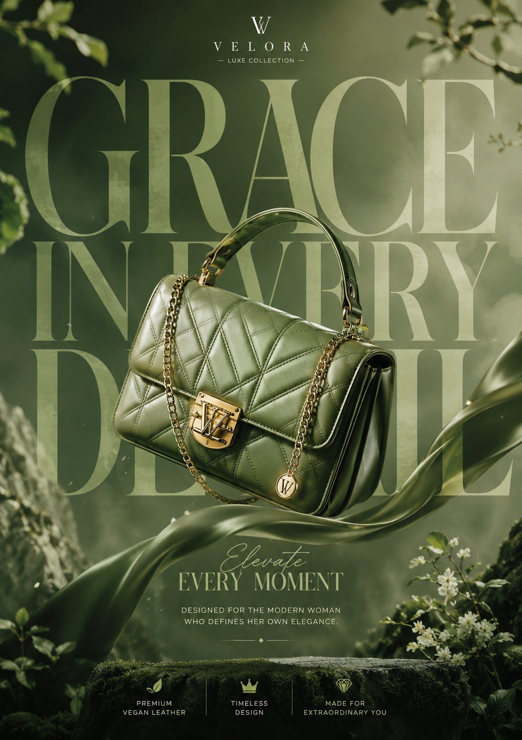 Floating green luxury handbag ad poster: GPT Image 2 prompt