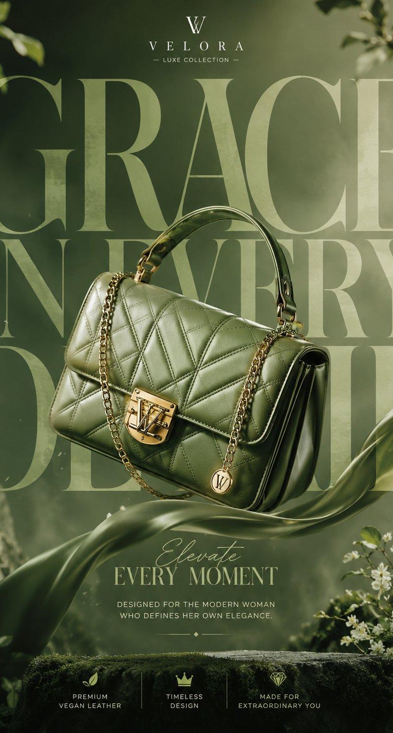 Floating green luxury handbag ad poster: GPT Image 2 prompt