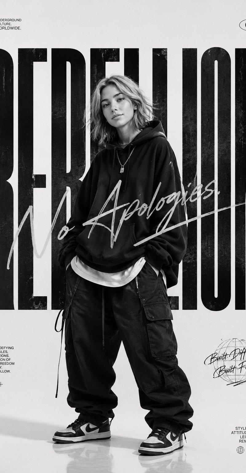 Monochrome streetwear editorial poster portrait: GPT Image 2 prompt