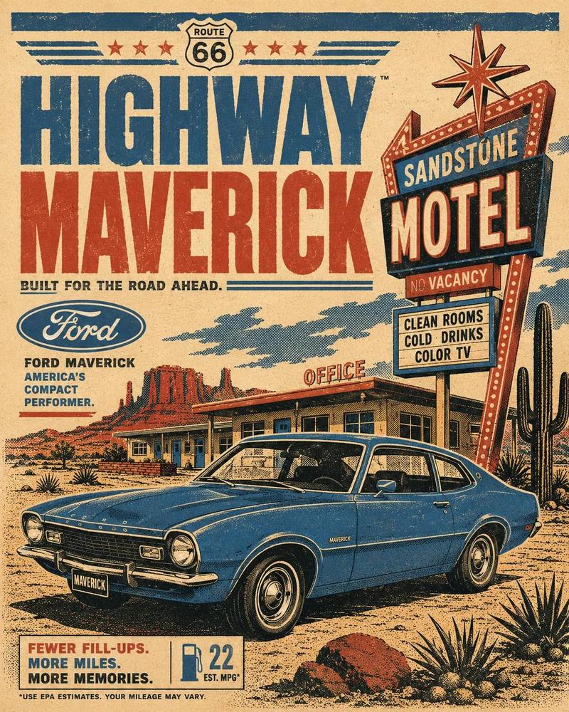 Retro 1970s silkscreen automotive travel poster: GPT Image 2 prompt