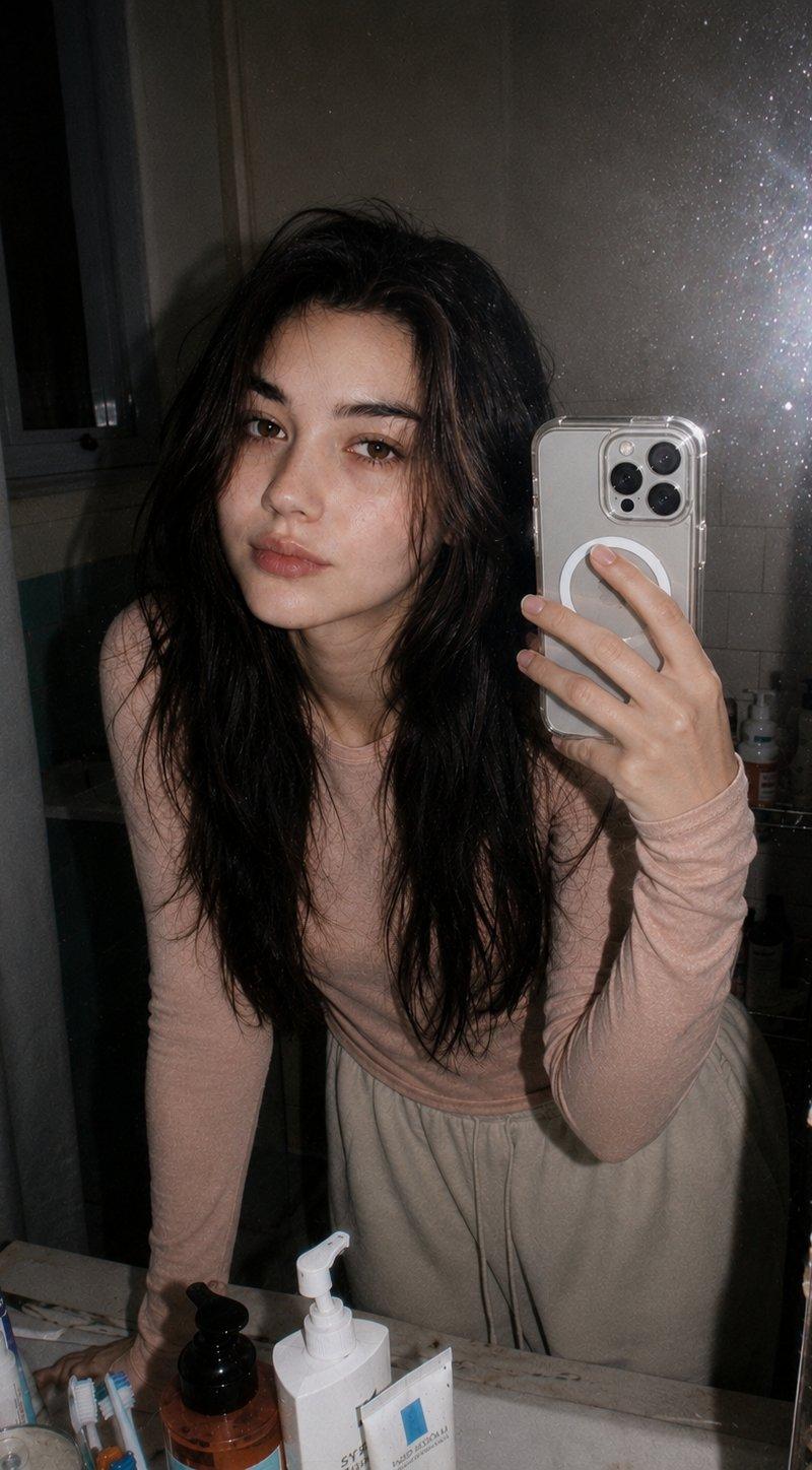 Disposable-flash bathroom mirror selfie portrait: GPT Image 2 prompt