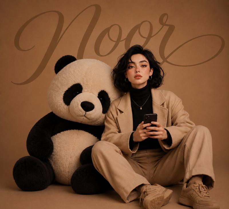 Luxury editorial portrait with oversized panda plush: GPT Image 2 prompt