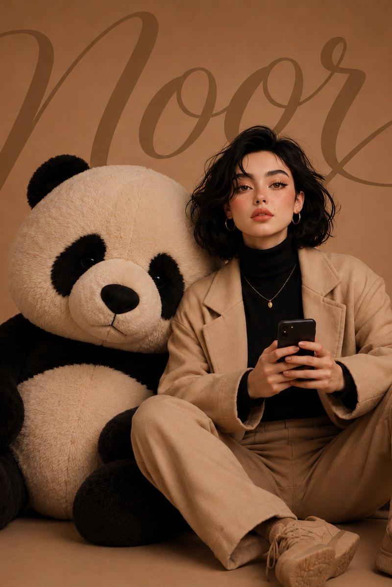 Luxury editorial portrait with oversized panda plush: GPT Image 2 prompt