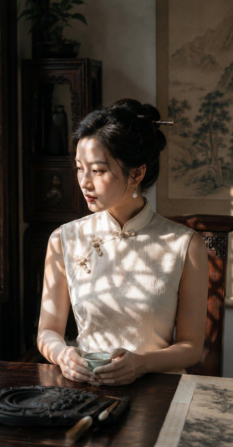 Suzhou garden qipao portrait with lattice light: GPT Image 2 prompt