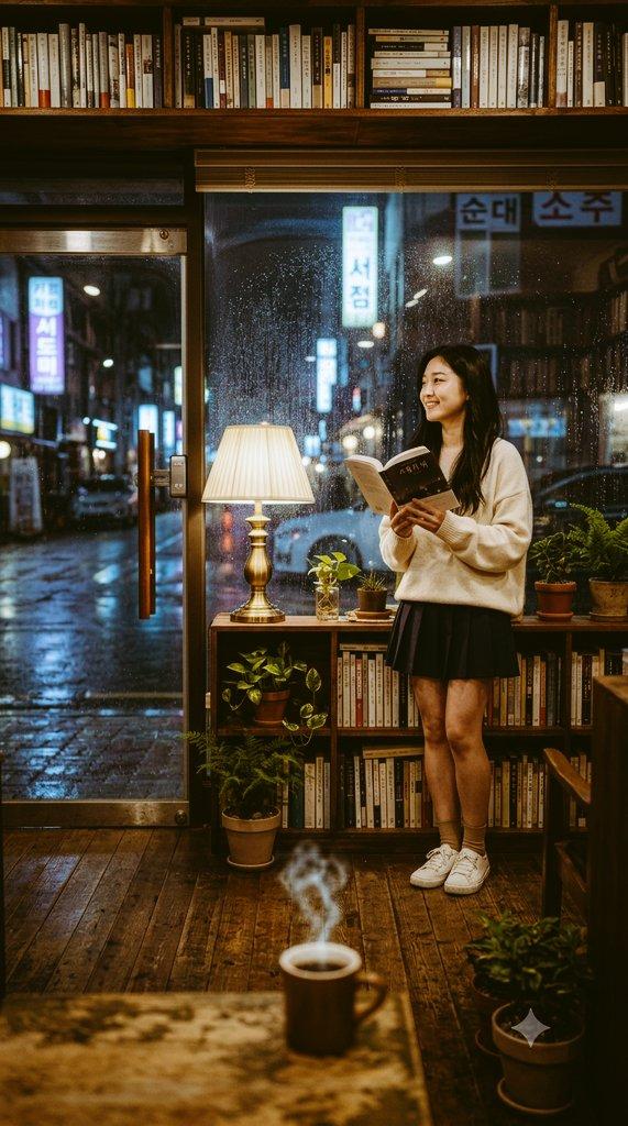 Rainy Seoul bookstore portrait: GPT Image 2 prompt