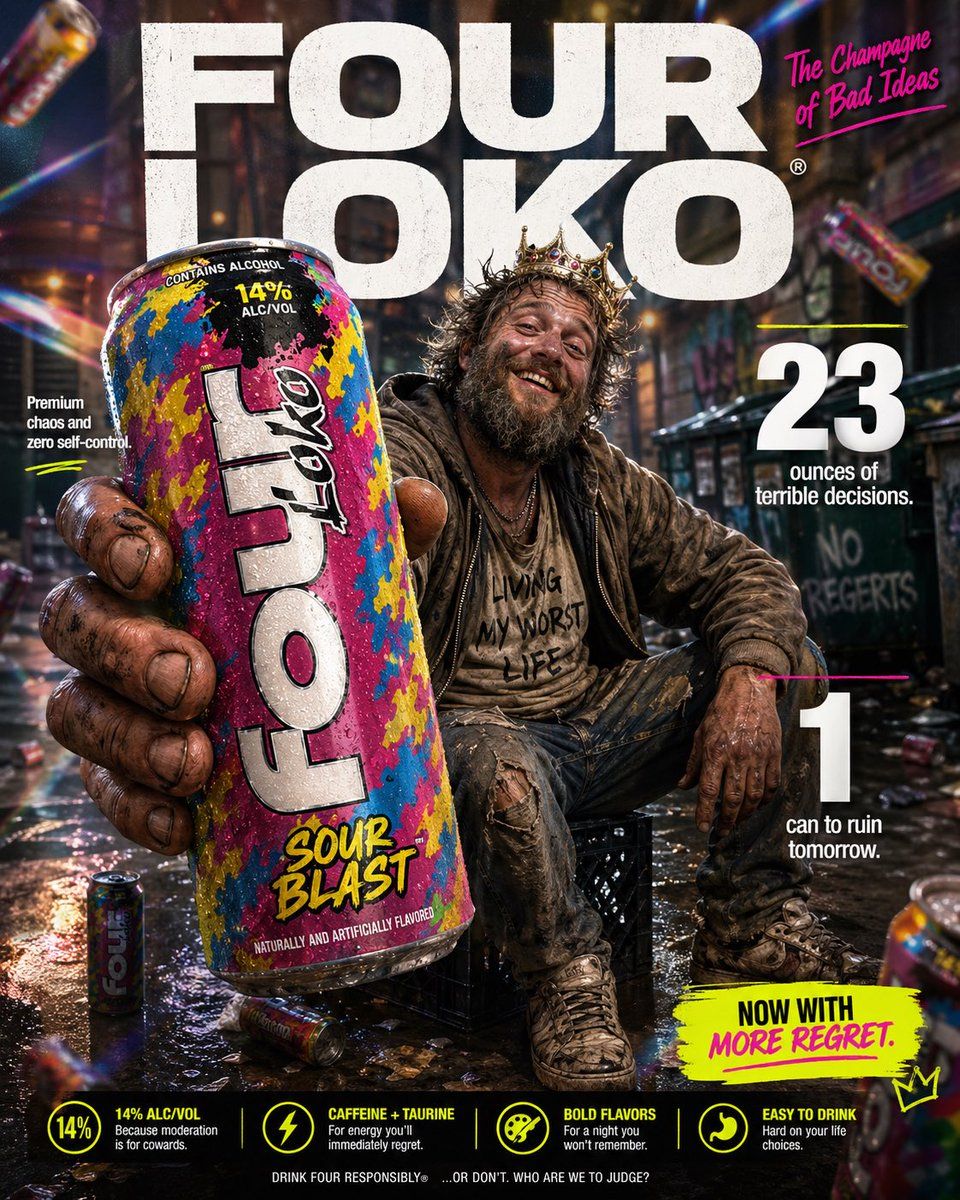 Four Loko parody ecommerce ad: GPT Image 2 prompt