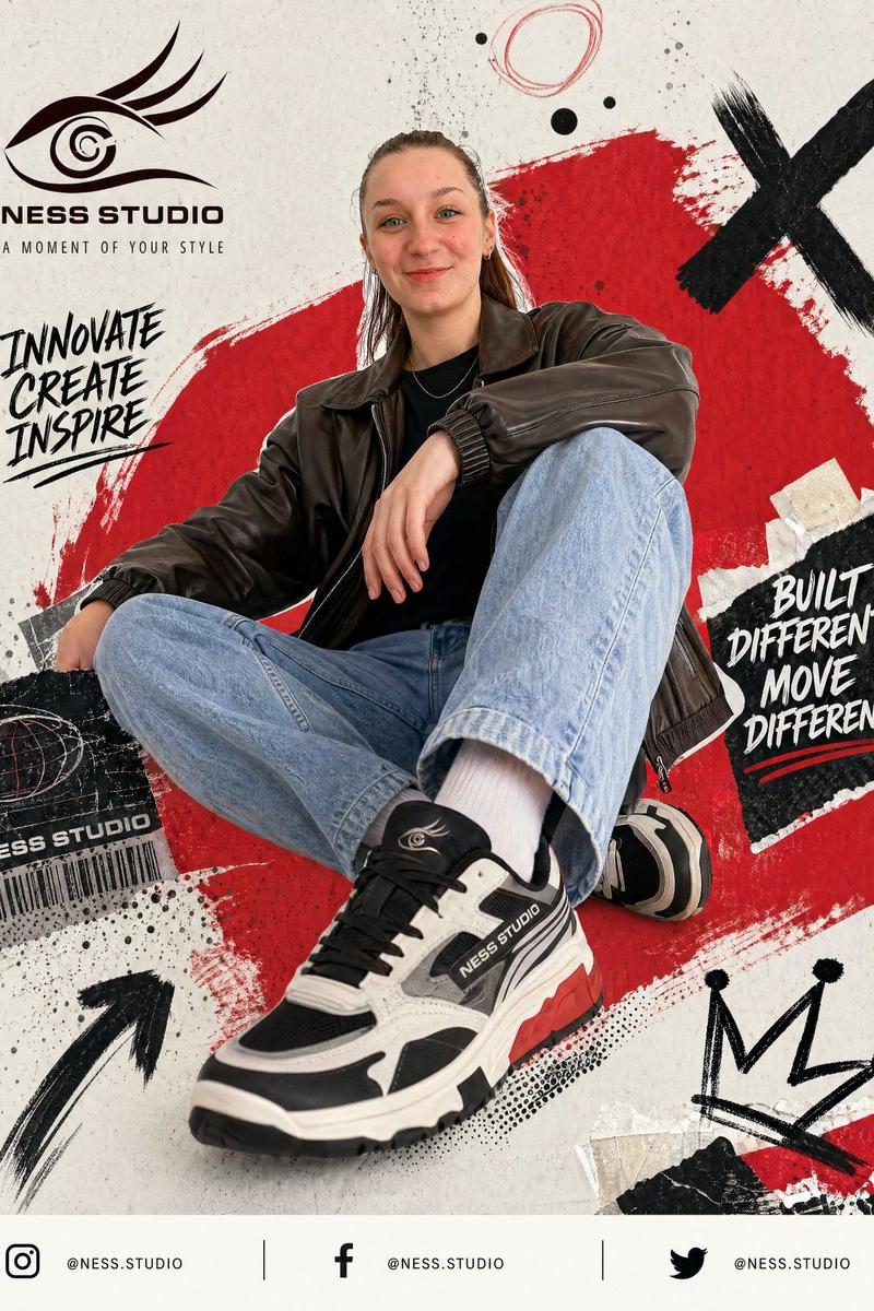 NESS STUDIO seated streetwear poster: GPT Image 2 prompt