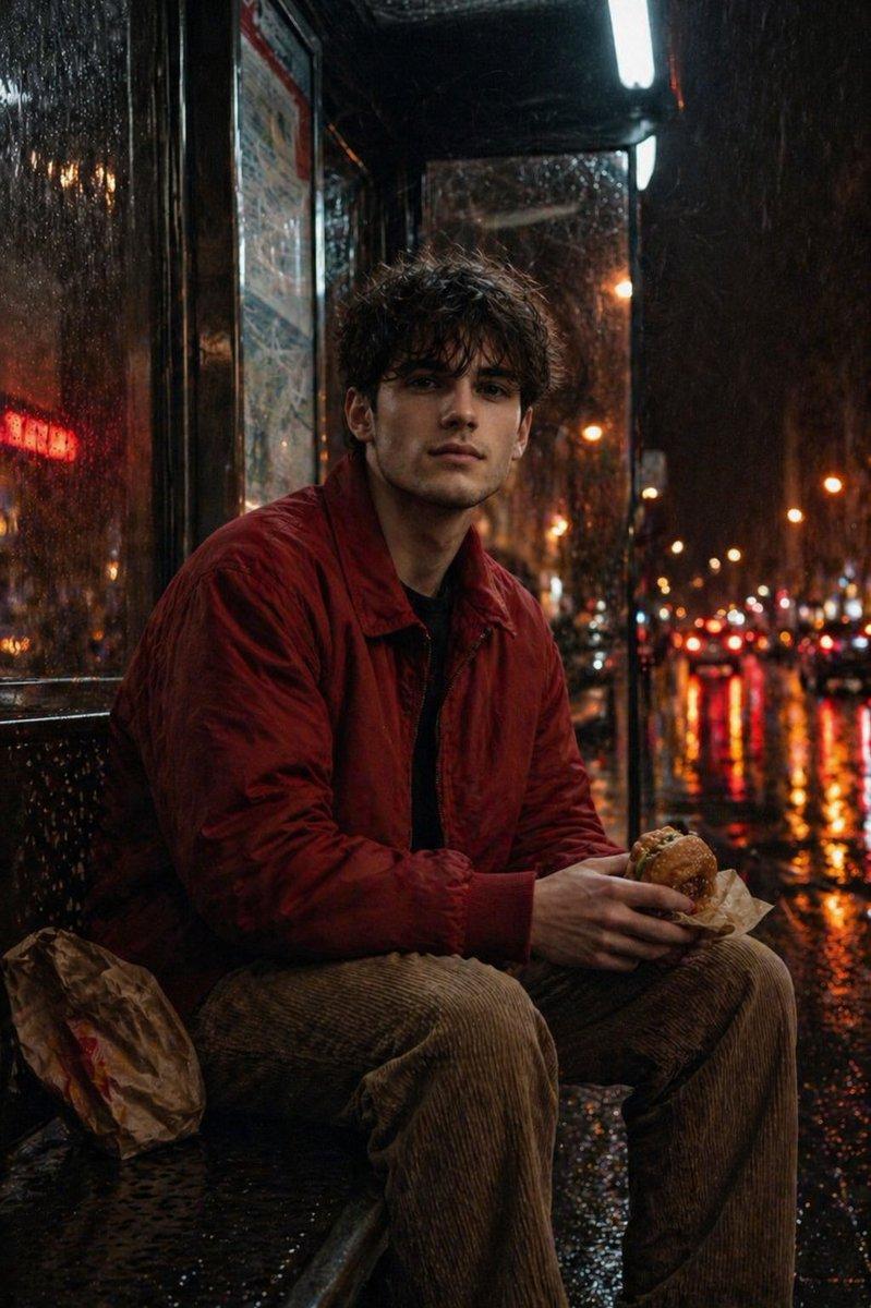 Rainy bus stop burger portrait: GPT Image 2 prompt