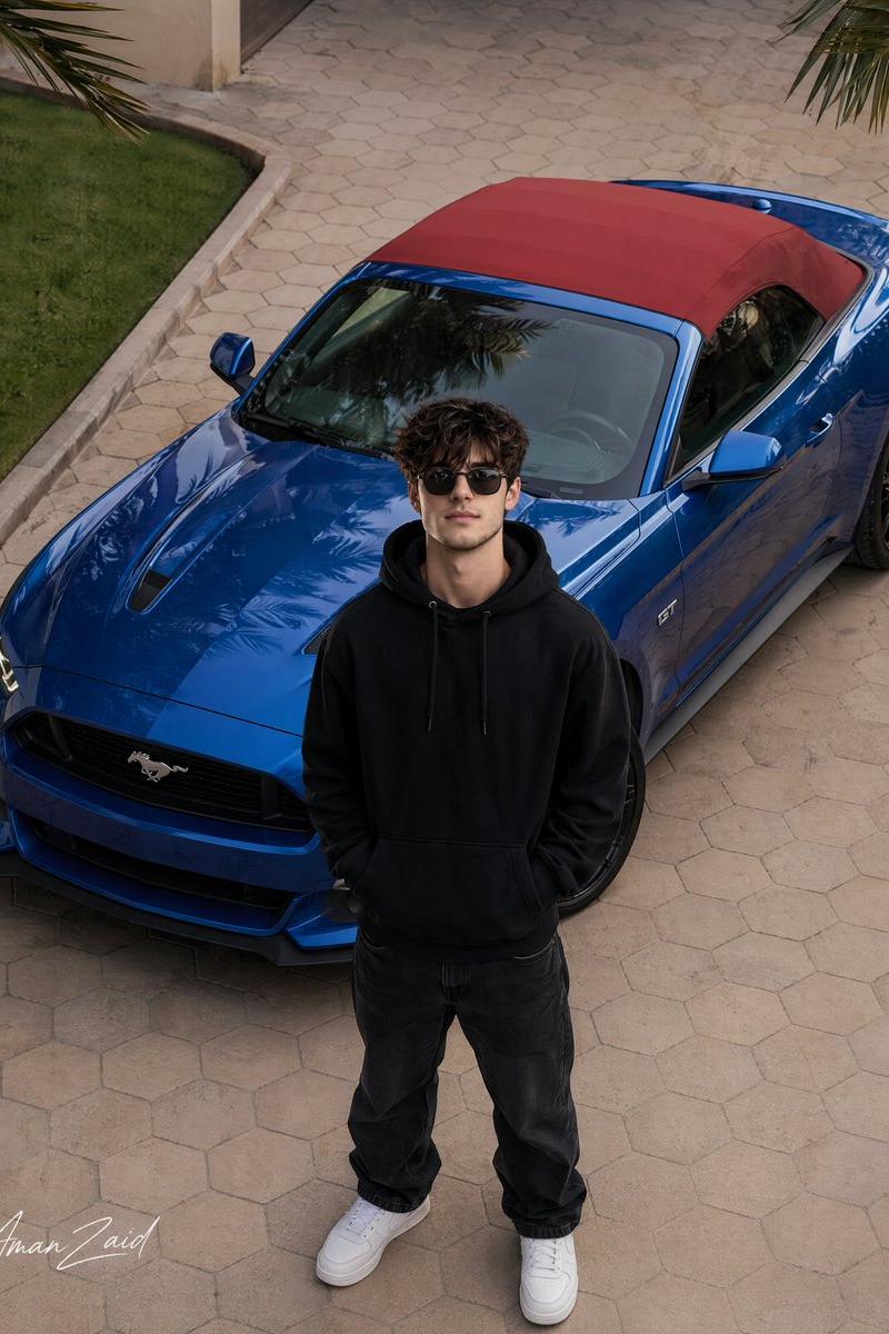 Slim man with blue 2017 Mustang: GPT Image 2 prompt