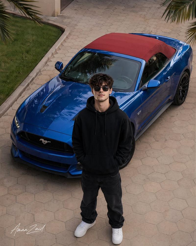 Slim man with blue 2017 Mustang: GPT Image 2 prompt