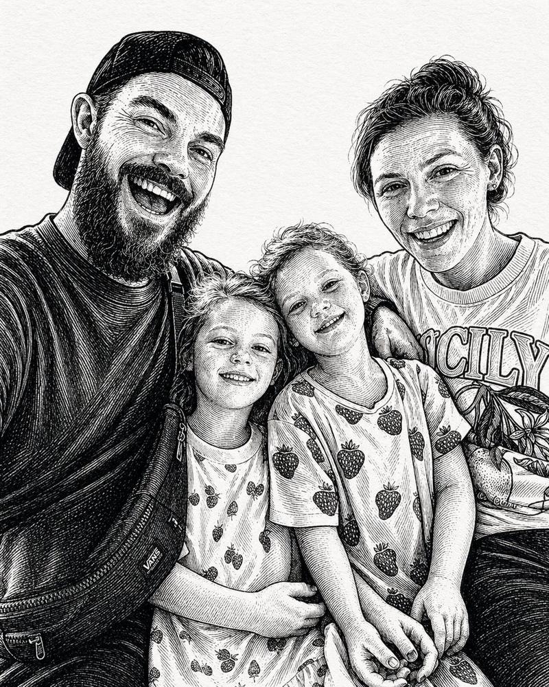 Pen-and-ink family portrait: GPT Image 2 prompt