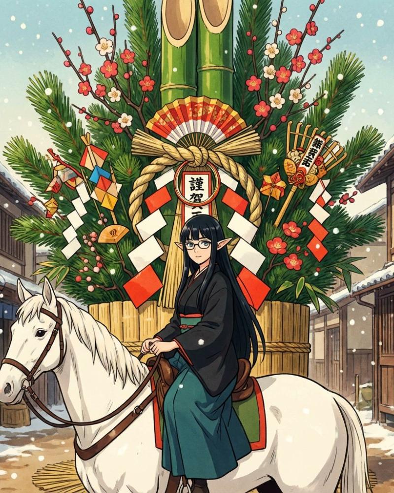 2026年新年门松下的黑发和服精灵