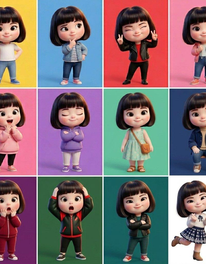 3D风格女孩六格角色设计图