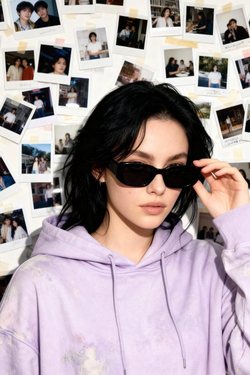 九十年代复古胶片里的淡紫连帽衫少女