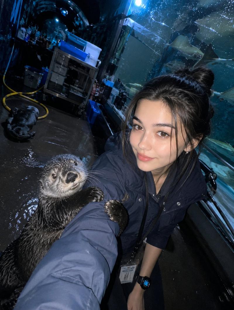 昏暗水族馆隧道饲养员与海獭自拍