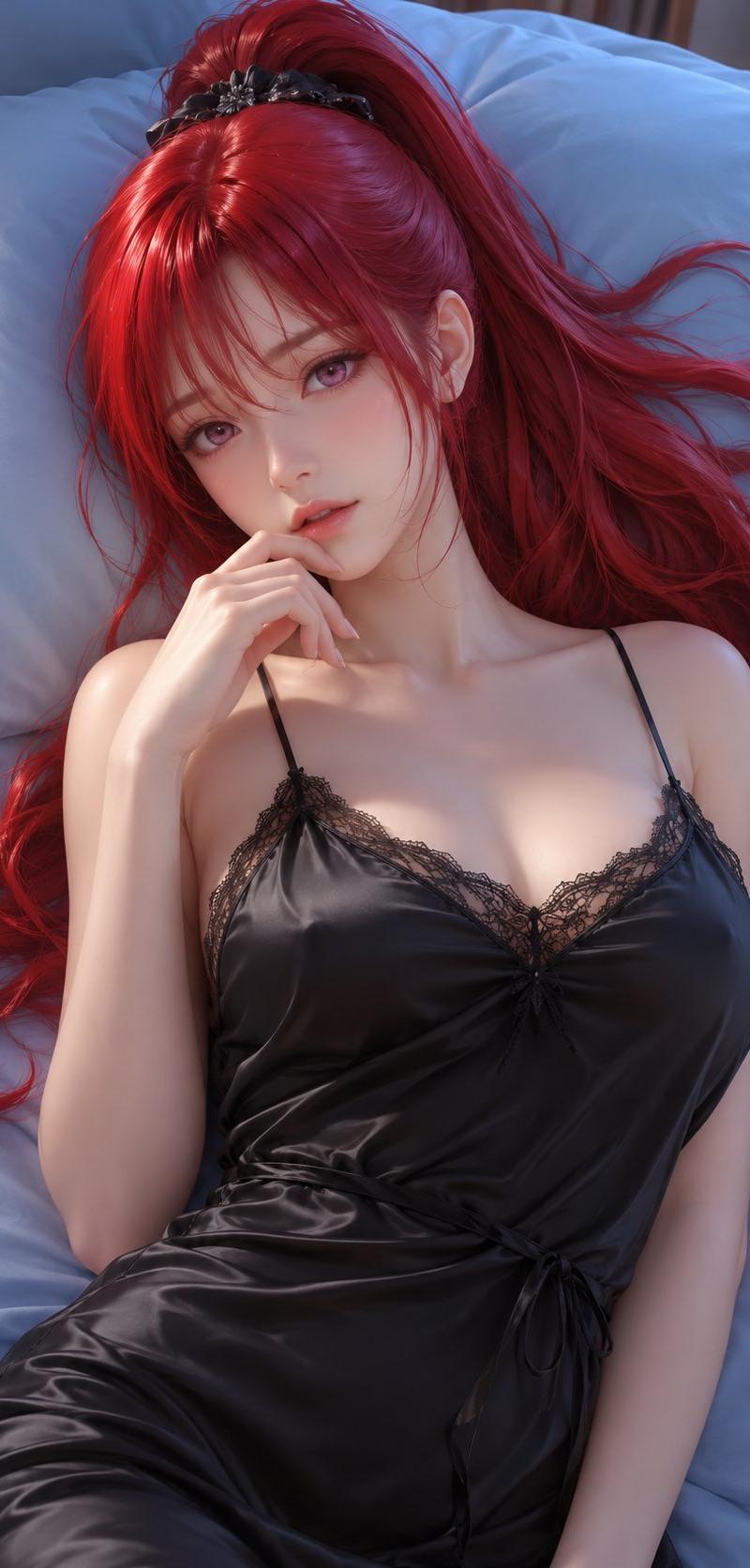 红发女性缎面睡裙卧室3D渲染