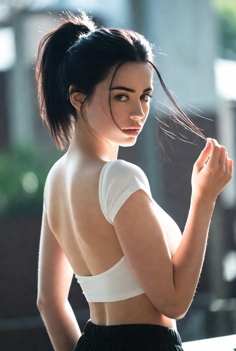 午后泳池畔的清新露背少女写真