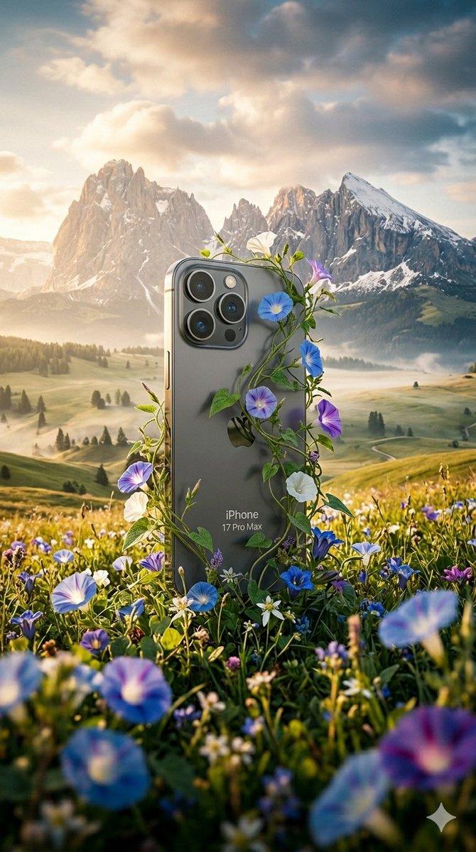 高山草甸鲜花簇拥iPhone Air超写实海报