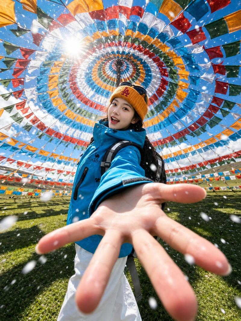 高山草甸经幡背景旅行自拍人像