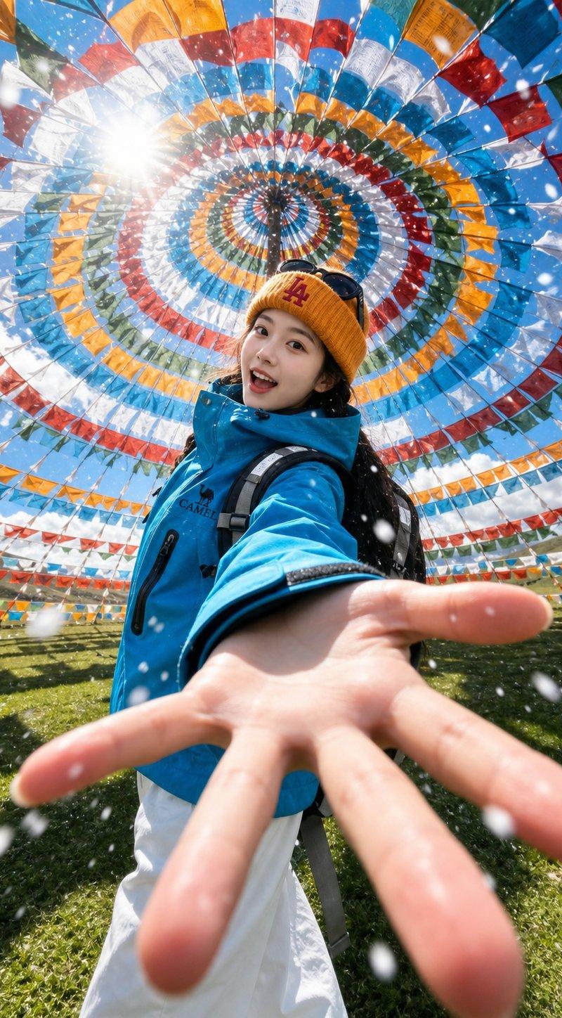 高山草甸经幡背景旅行自拍人像