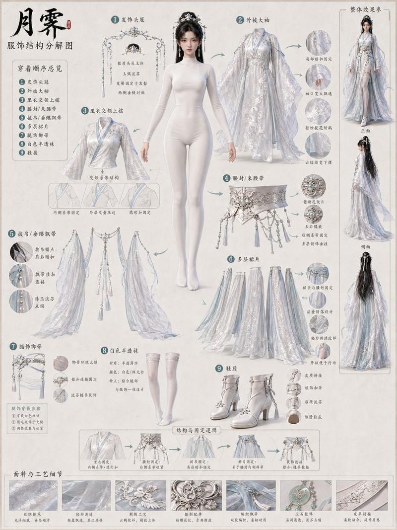 古风3D女性角色服饰拆解设定图