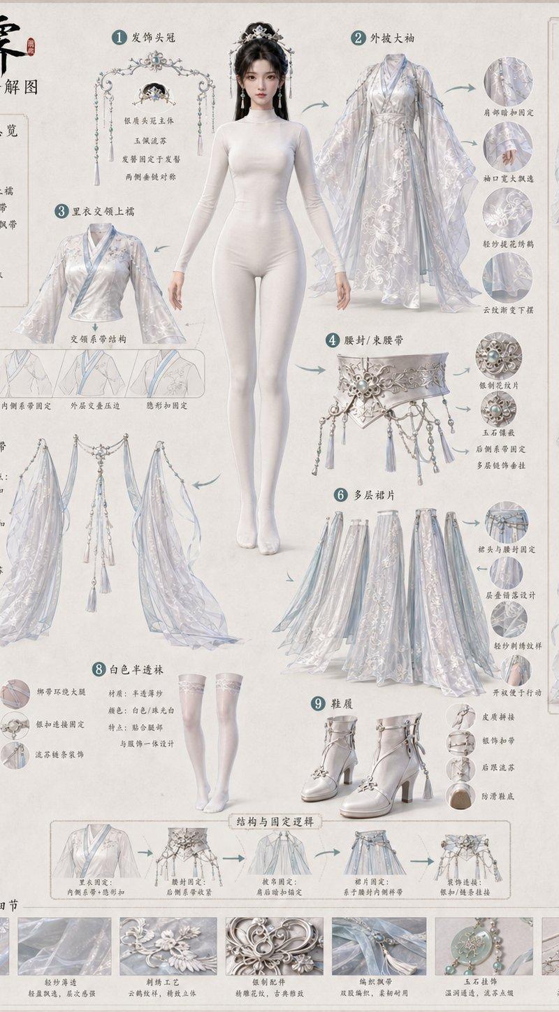 古风3D女性角色服饰拆解设定图