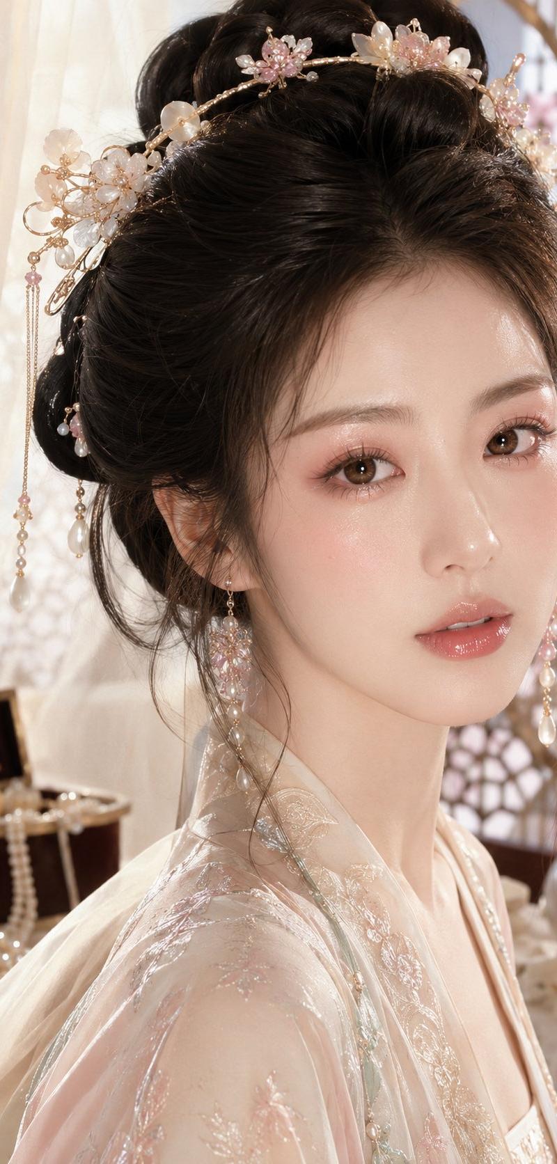 古风贵女珍珠裸粉水光妆人像