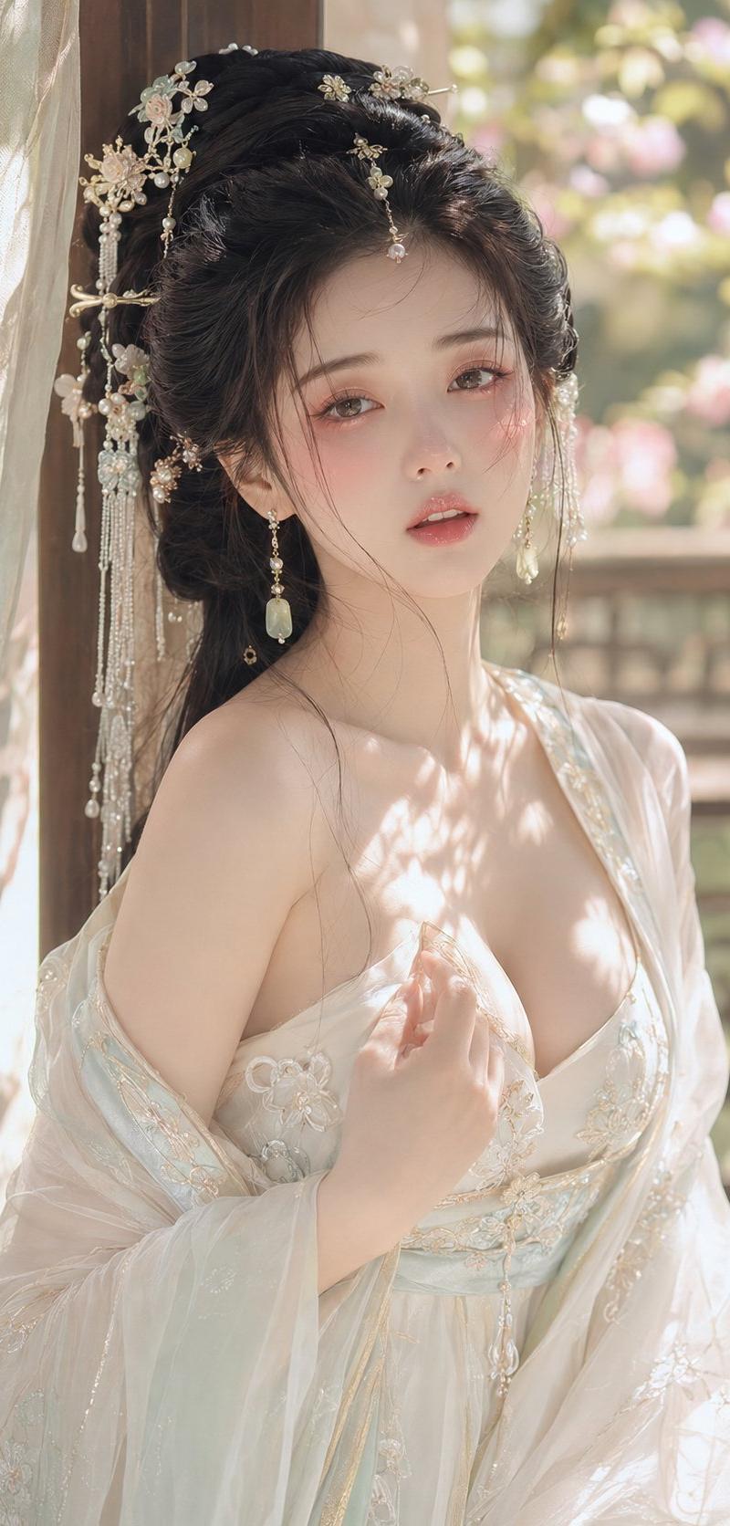 古风贵女花影水光妆容人像特写