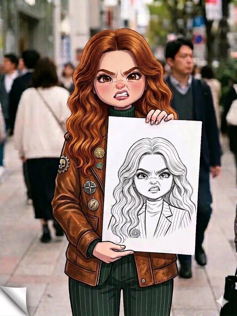 繁华街头手持素描本的愤怒Q版少女