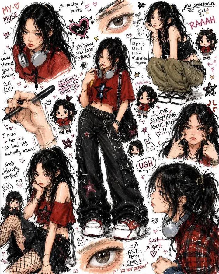 凌乱黑发Y2K少女动漫涂鸦角色设定集