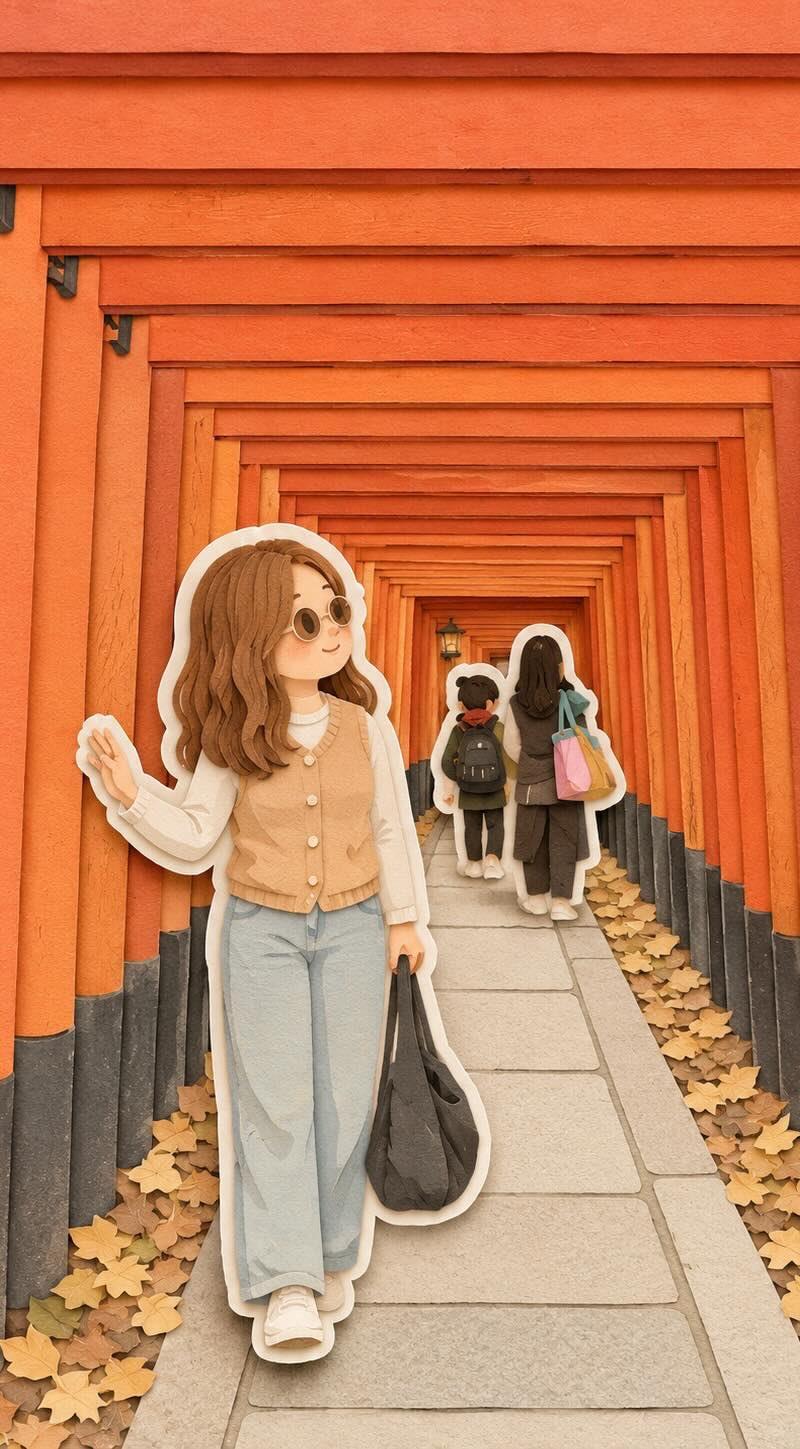 京都鸟居穿行动漫少女纸雕风