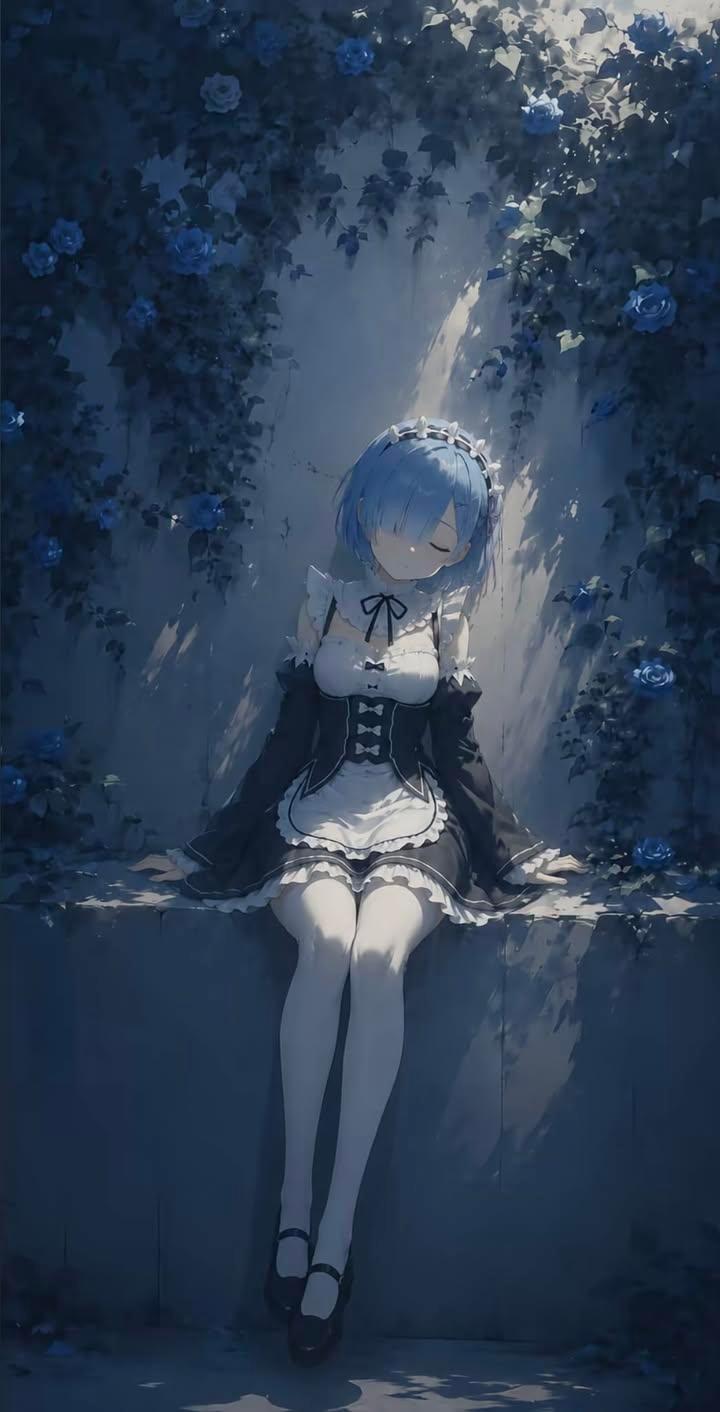 长银发紫眸忧郁动漫少女石凳背景