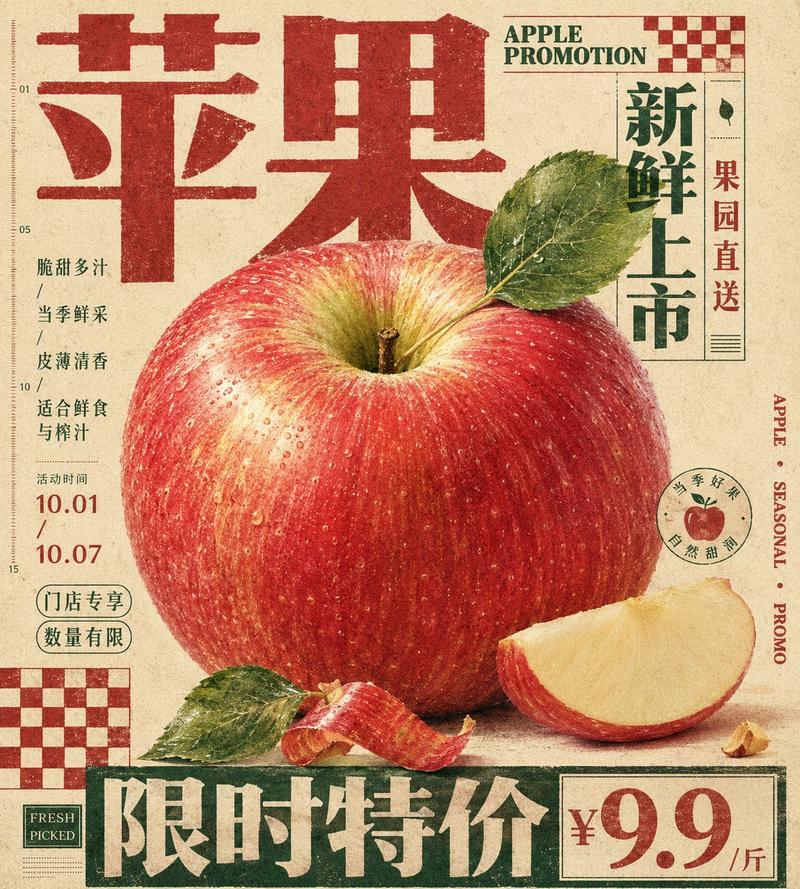 苹果促销海报复古印刷版式设计